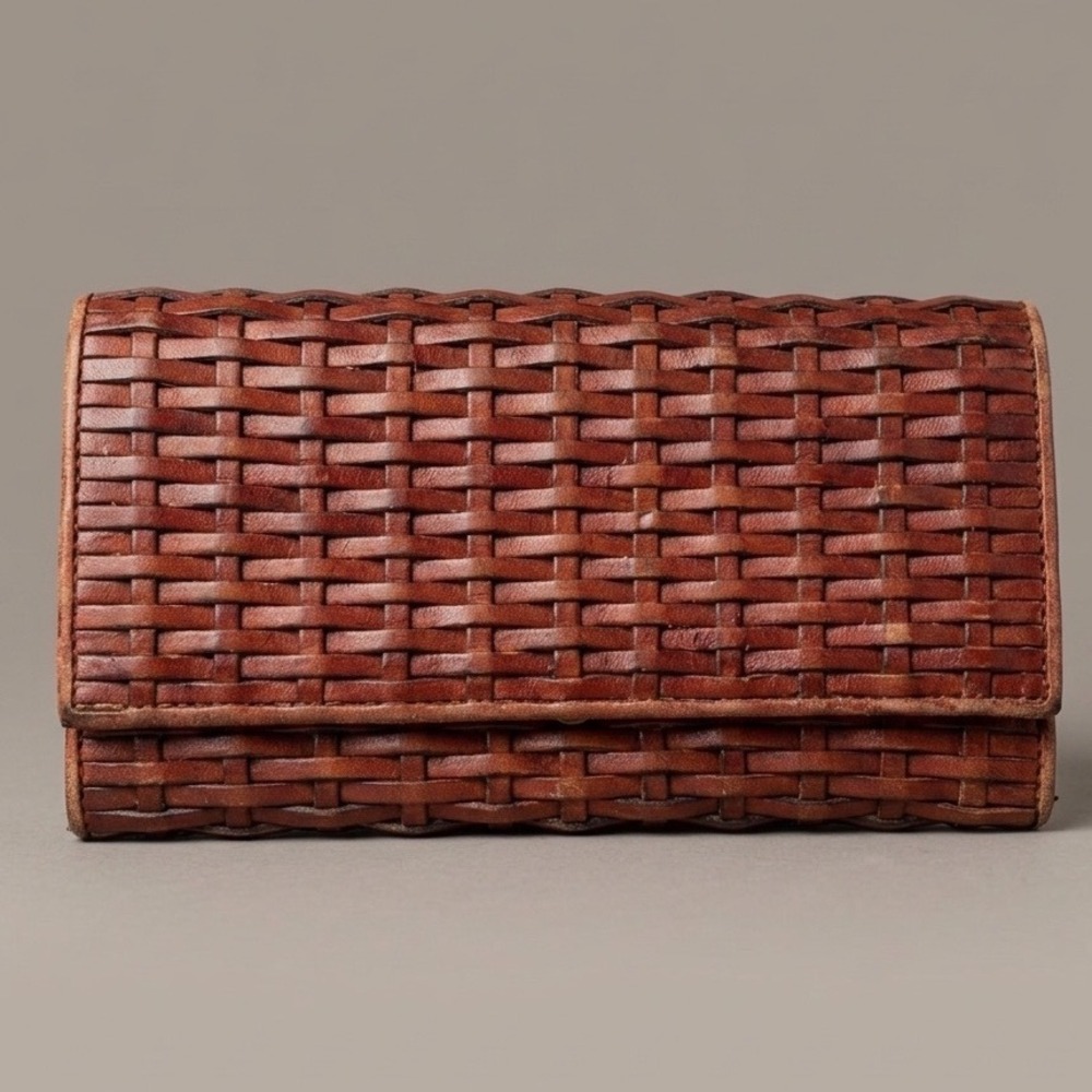 Talbots Vtg Woven Leather Continental Wallet Clutch Cognac Brown Snap Closure